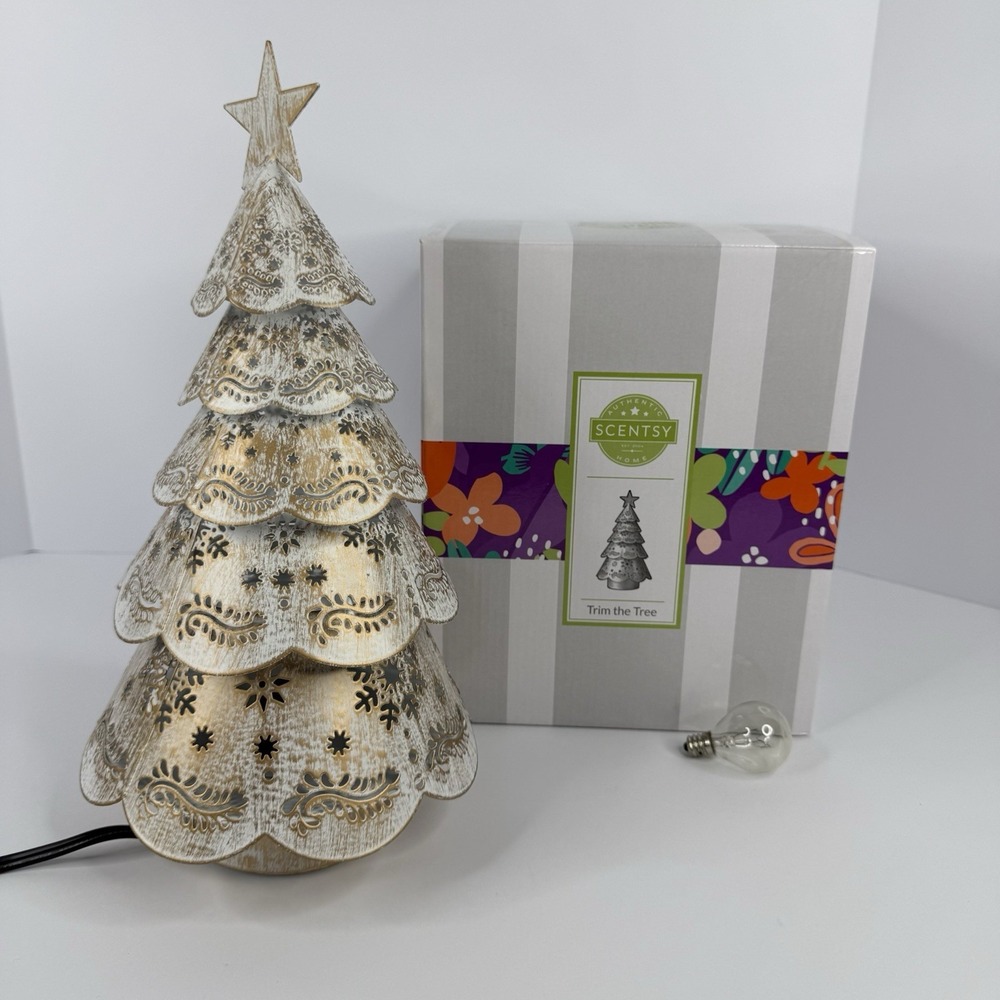 Scentsy Trim The Tree Wax Warmer Distressed White Gold Metal In Original Box